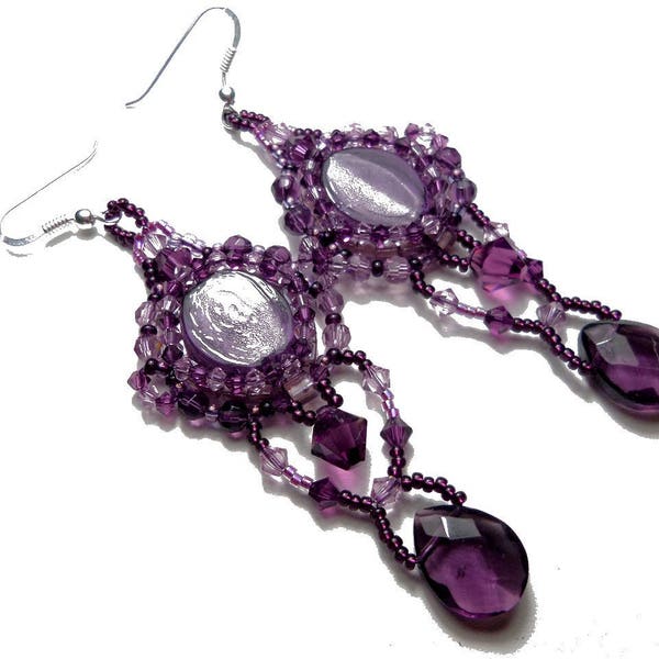 Boucles d'oreilles créateur tissées en argent violet prune cristal Swarovski verre Murano haute couture