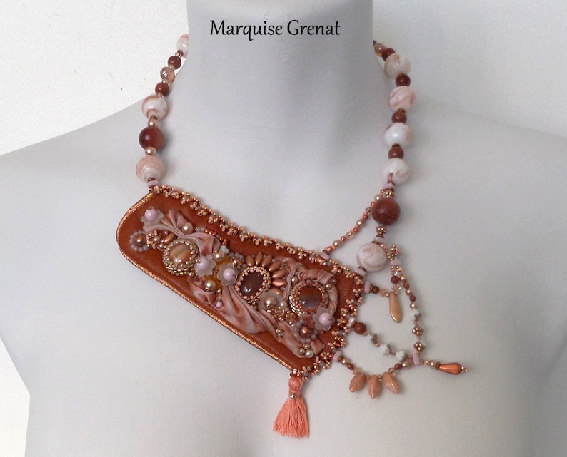 nude Cognac leather gem stone Asymmetrical necklace Embroidered silk shibori Ribbon