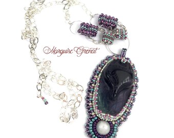 Collier créateur pendentif renard en argent et fluorite vert violet hippie chic