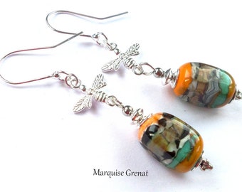 Boho bee earrings in silver and designer multicolored spun glass beads