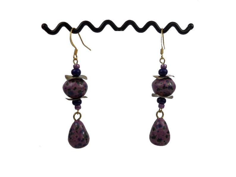 Boho ceramic purple blue glass brass earrings