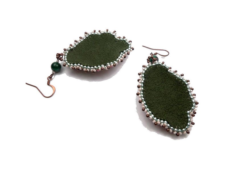 Green designer embroidered earrings, copper roses, ethnic aventurine brass image 3