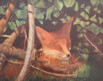 Portrait de renard dans un sous bois, peinture originale à l'huile sur toile