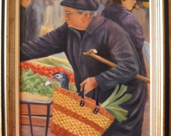 Portrait scène de marché, canard aux poireaux, peinture originale à l'huile