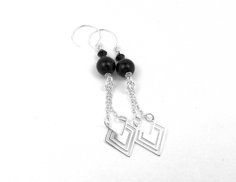 Boucles d'oreilles en argent perles en onyx noir et cristal Swarovski graphiques image 1