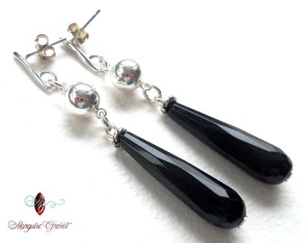 Puces d'oreilles pendants gouttes noires en agate et argent