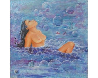 Portrait young naked woman in water, La bulleuse, original acrylic painting on canvas