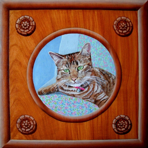 Portrait de chat tigré dans cadre bois en trompe-l'oeil, peinture à l'huile originale