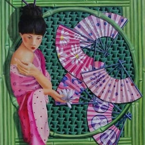 Geisha portrait with fans and bamboo original oil painting, modern figurative art image 2