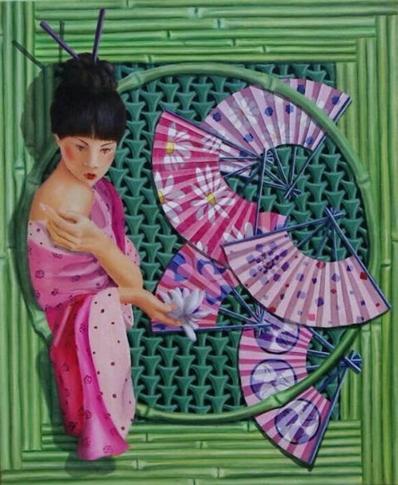 Portrait geisha aux éventails et bambous peinture originale à l'huile, art figuratif moderne image 2