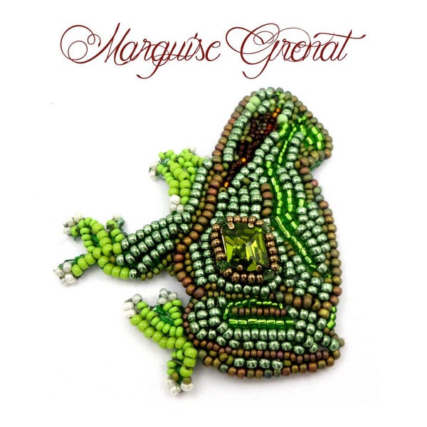 Broche créateur brodée grenouille rainette verte en cristal Swarovski