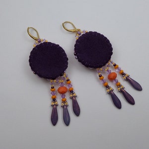 Designer embroidered bohemian sleeper earrings golden brass purple mauve orange image 4
