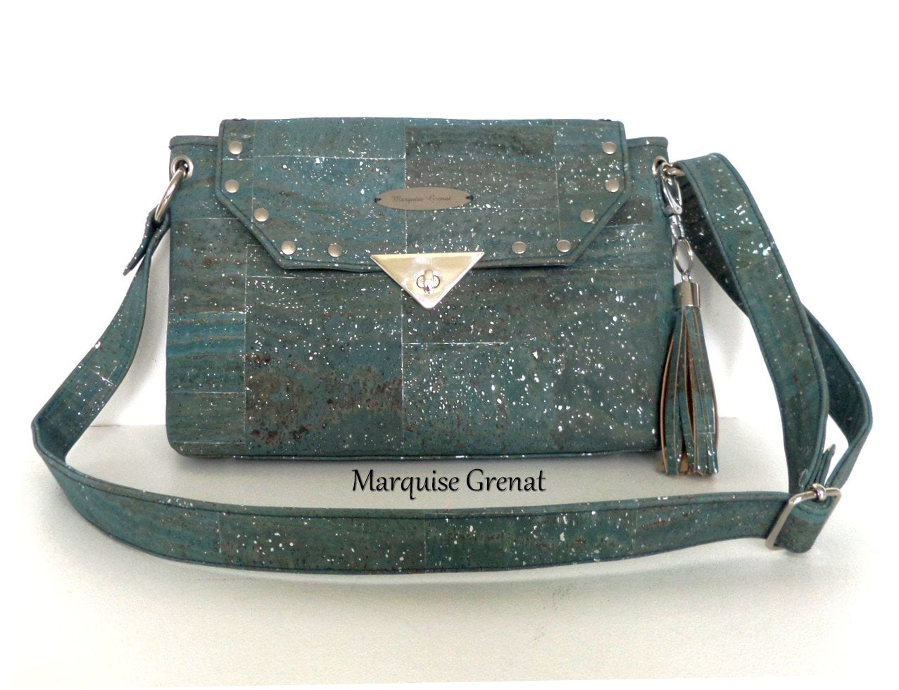 Designer Vegan Bag in Luxury Cork Green Emerald Silver With 