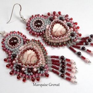 Designer earrings in rhodochrosite garnet silver gemstones embroidered with ethnic boho beads image 3