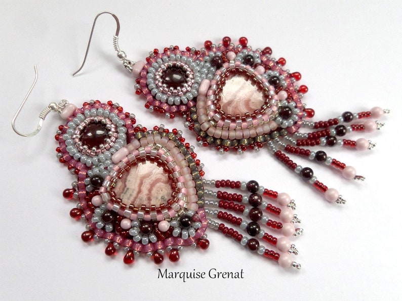 Designer earrings in rhodochrosite garnet silver gemstones embroidered with ethnic boho beads image 3