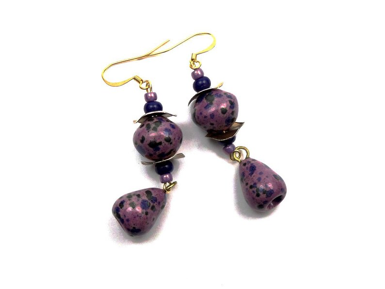 Boho ceramic purple blue glass brass earrings