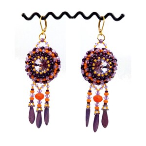 Designer embroidered bohemian sleeper earrings golden brass purple mauve orange image 2