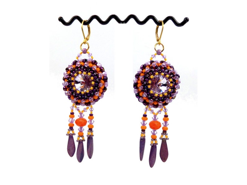 Designer embroidered bohemian sleeper earrings golden brass purple mauve orange image 2