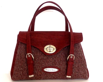 Sac vintage chic main et bandoulière liège de luxe et tweed rouge