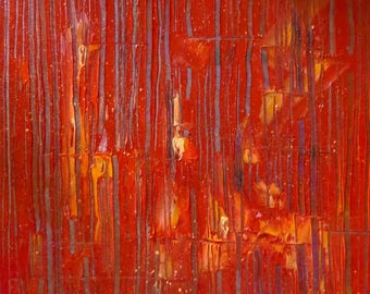 Tableau design contemporain art abstrait "Equinoxe" rouge peinture originale à l'huile au couteau