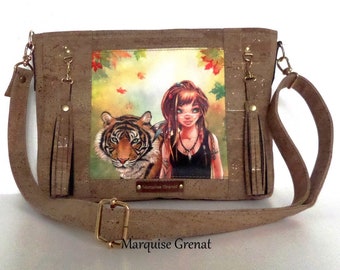 Natural cork and gold shoulder bag with young woman and tiger ethnic art coupon