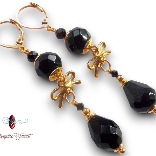 Boucles d'oreilles dormeuses baroques en verre noir et laiton or fin 24 carats