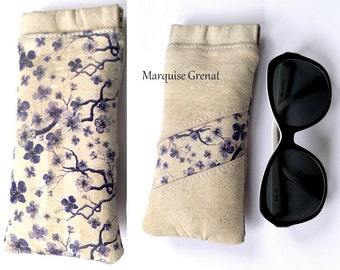 Vegan cork glasses case off white blue cherry blossoms