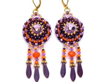 Designer embroidered bohemian sleeper earrings golden brass purple mauve orange