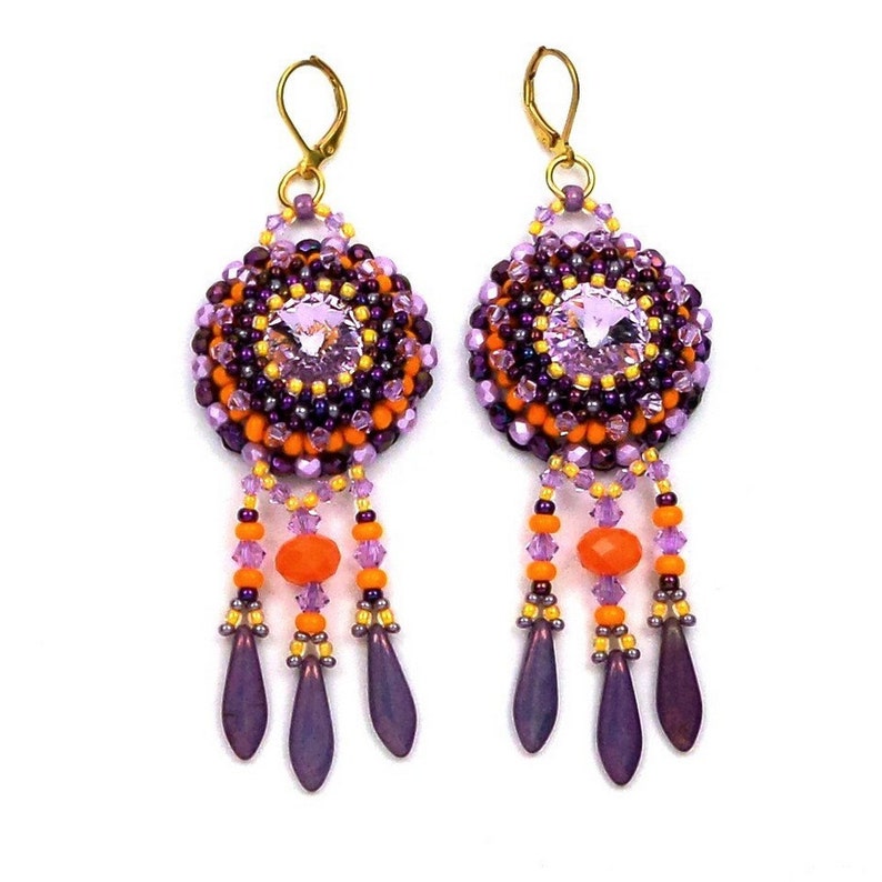 Designer embroidered bohemian sleeper earrings golden brass purple mauve orange image 1