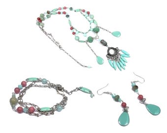 Parure bohème collier boucles d'oreilles bracelet argenté menthe rose corail