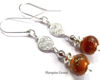 Silver earrings with designer pearls and caramel spun glass