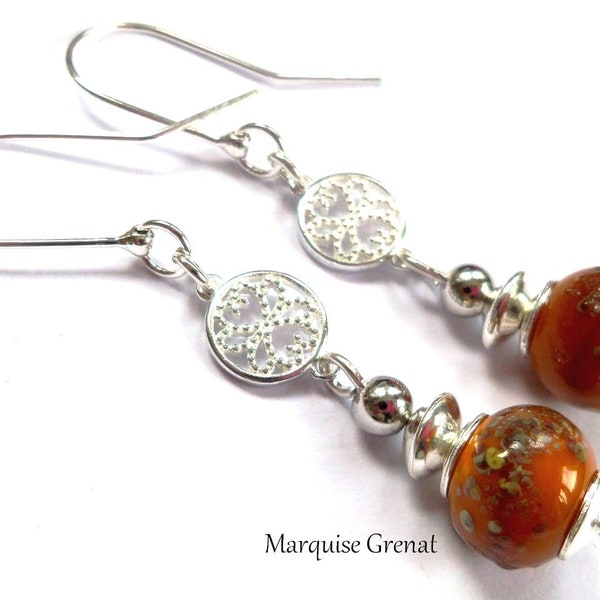 Boucles d'oreilles en argent perles créateur verre filé caramel