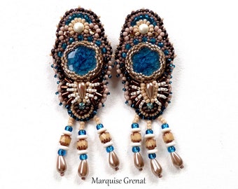 Boucles d'oreilles brodées clous argent céramique bleue perles beiges bronze ivoire café crème boho ethnique