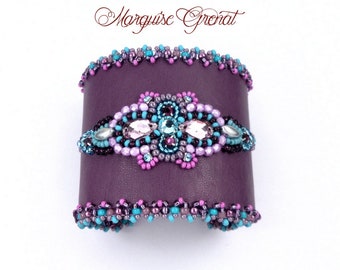 Designer embroidered cuff bracelet in purple leather, Swarovski crystal, aqua blue amethyst, haute couture