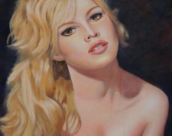 Portrait de Brigitte Bardot jeune peinture originale à l'huile en couleur