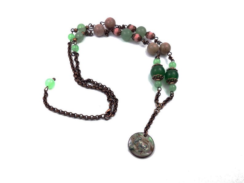 Collier rétro boho cuivre vert rose pierres fines jade rhodonite aventurine laiton image 1