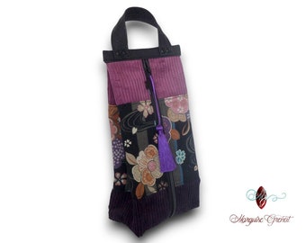 Large vertical pencil case with designer zipped pouch in Japanese floral cotton, black multicolored cork velvet