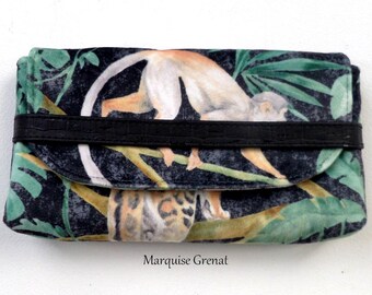 Pochette de rangement étui à rabat et lanière molletonné velours animaux jungle