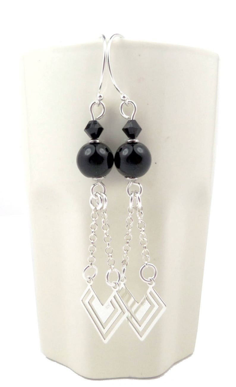 Boucles d'oreilles en argent perles en onyx noir et cristal Swarovski graphiques image 2