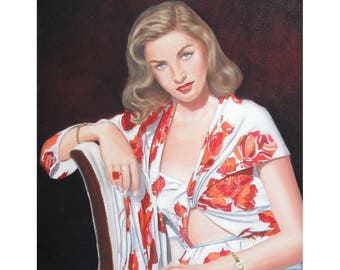 Portrait of Lauren Bacall young original oil painting on canvas