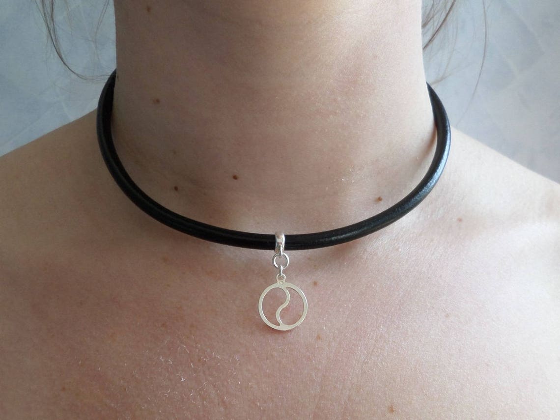 Silver and Black Leather Choker Necklace With Yin and Yang Charm Unisex