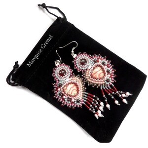Designer earrings in rhodochrosite garnet silver gemstones embroidered with ethnic boho beads image 6