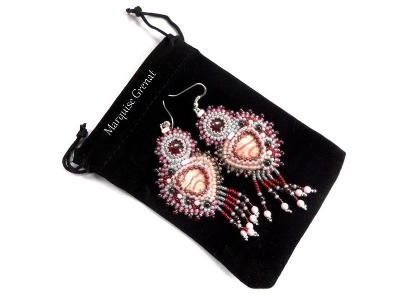 Designer earrings in rhodochrosite garnet silver gemstones embroidered with ethnic boho beads image 6