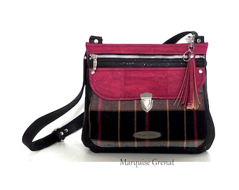 Designer cork bag with adjustable black fuchsia gray shoulder strap and checked cotton flannel