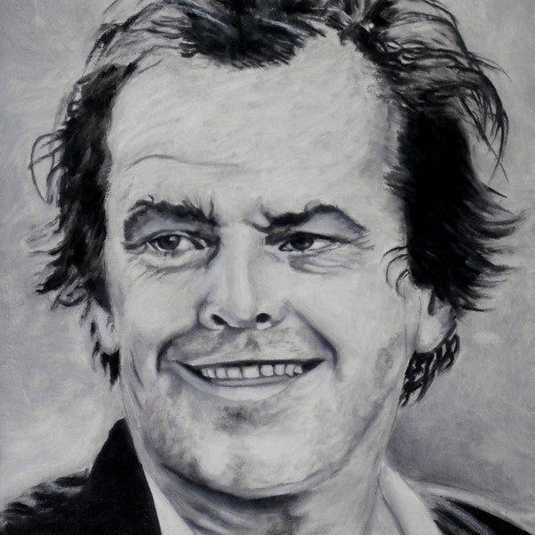 Portrait de Jack Nicholson peinture originale à l'huile en noir et blanc