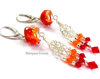 Boho hippie chic sleeper earrings dangling in crystal silver and designer beads in red orange spun glass