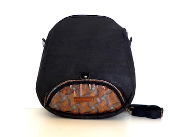 Modular satchel backpack in black cork with multicolored jacquard transparent PVC and Japanese cotton