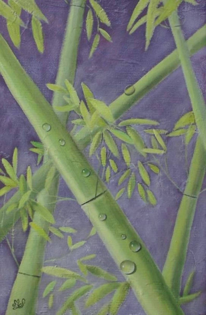 Tableau contemporain zen peinture acrylique Bambou vert anis fond violet métallisé image 2