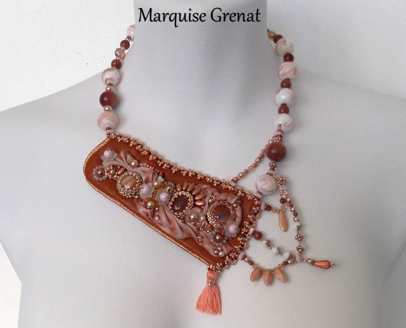 nude Cognac leather gem stone Asymmetrical necklace Embroidered silk shibori Ribbon