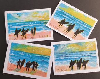 Surfer surf beach seaside sunset cards set of 4 hand made from reproductions of original acrylic paintings